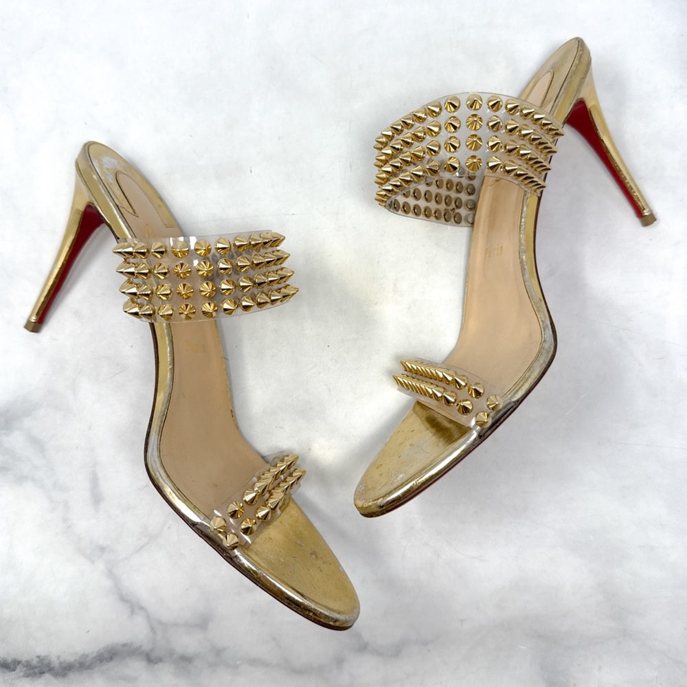 Christian Louboutin Spikes Only PVC Chrome Open Toe Mule Sandal Heels Gold 42 - Picture 8 of 16